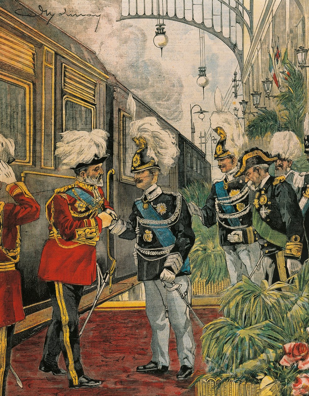 英格兰国王爱德华七世抵达罗马，由Achille Beltrame创作，插图，插图作者Achille Beltrame（1871-1945），来自La Domenica del Corriere。 作者 阿基里·贝尔特拉姆（Achille Beltrame）