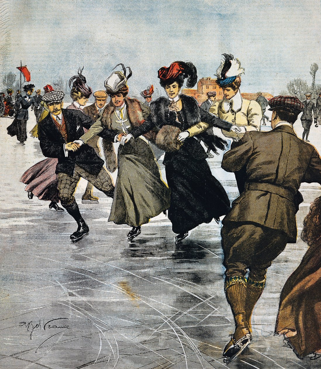 En vogue 消遣，滑冰，Achille Beltrame（1871-1945）的插图，来自 La Domenica del Corriere，1 月 27 日 作者 阿基里·贝尔特拉姆（Achille Beltrame）
