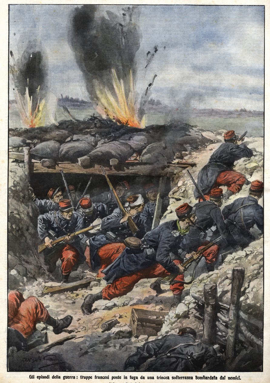 Episode of the War of 1914: French troops in the trenches are bombed by enemies. “La Domenica del Corriere” 作者 阿基里·贝尔特拉姆（Achille Beltrame）