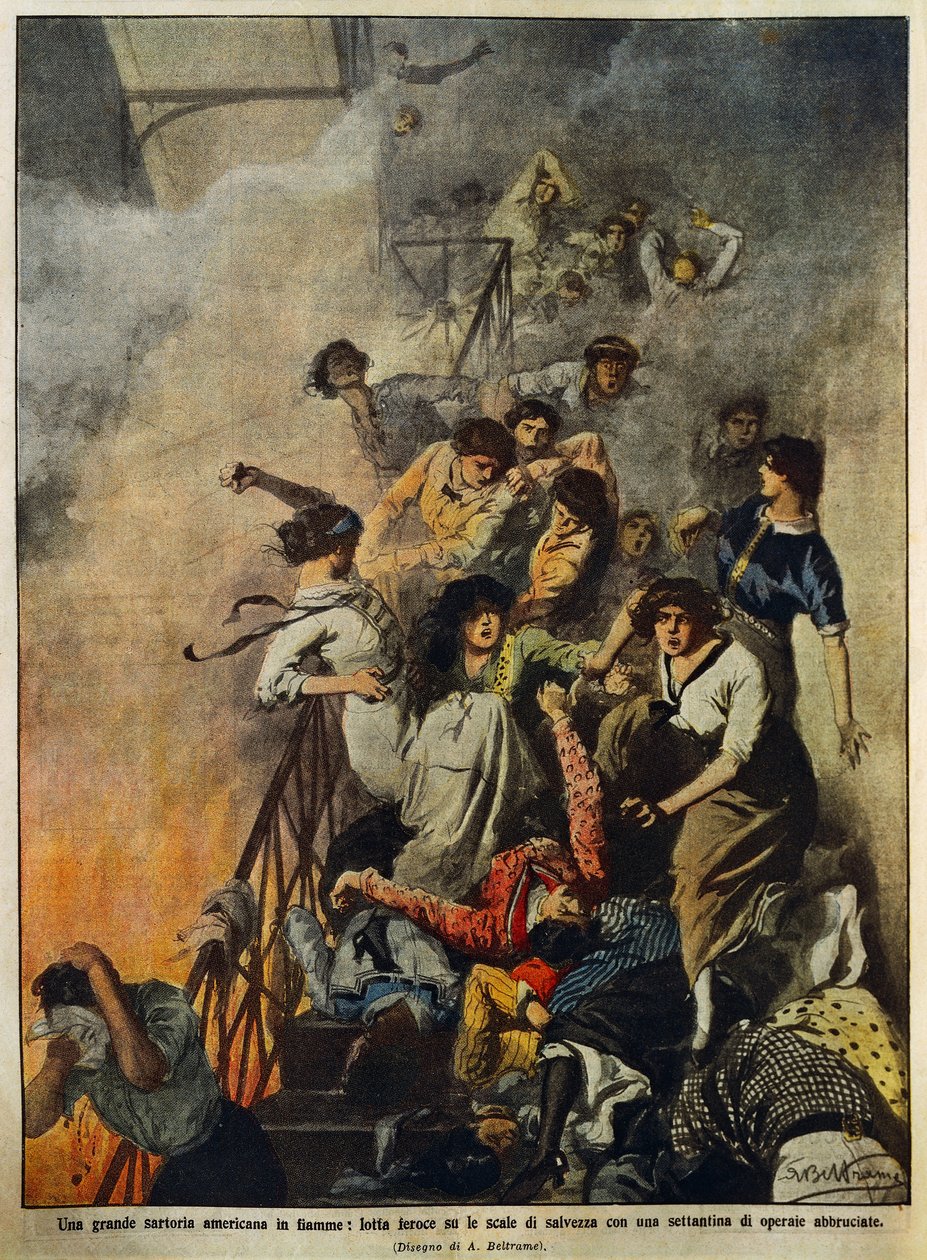 美国大型纺织厂的火灾：工人在楼梯间，Achille Beltrame（1871-1945）的插图，来自La Domenica del Corriere，8月10日 作者 阿基里·贝尔特拉姆（Achille Beltrame）
