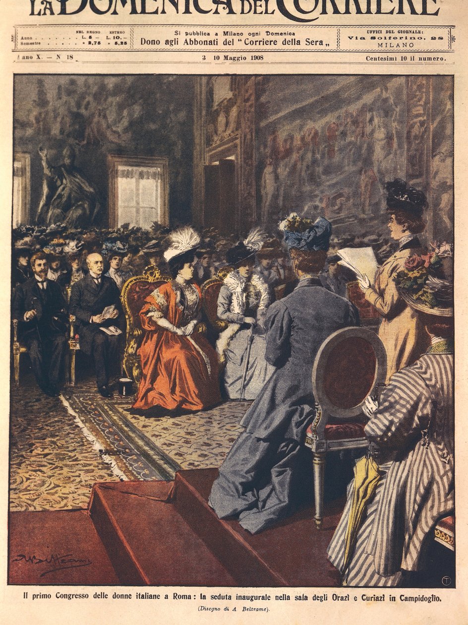 在罗马国会大厦举行的第一次意大利妇女代表大会，Achille Beltrame的插图来自La Domenica del Corriere，5月3日 作者 阿基里·贝尔特拉姆（Achille Beltrame）