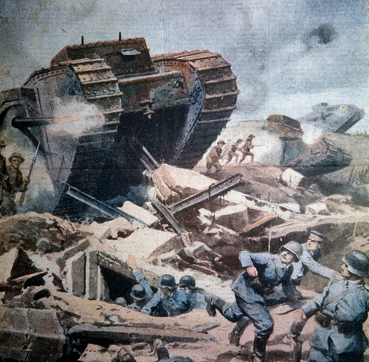 第一次世界大战（1914-1918）。"英国坦克在皮卡迪的攻击"，1916年《La Domenica del Corriere》中关于阿基里斯的插图。 作者 阿基里·贝尔特拉姆（Achille Beltrame）
