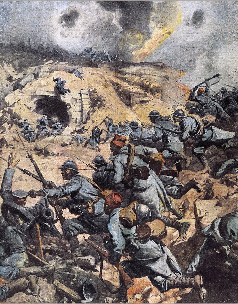 第一次世界大战："殖民地部队（摩洛哥步兵团，塞内加尔骑兵）冲进凡尔登附近的杜奥蒙堡，被德国军队占领，结束了凡尔登战役，24/10/1916"（一战。杜奥蒙堡被三个步兵团夺回 作者 阿基里·贝尔特拉姆（Achille Beltrame）