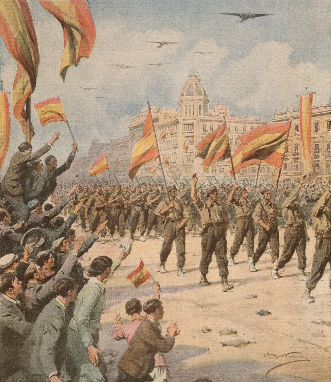佛朗哥的西班牙举着胜利的旗帜进入马德里，Achille Beltrame（1871-1945）来自La Domenica del Corriere 4月2日。 作者 阿基里·贝尔特拉姆（Achille Beltrame）