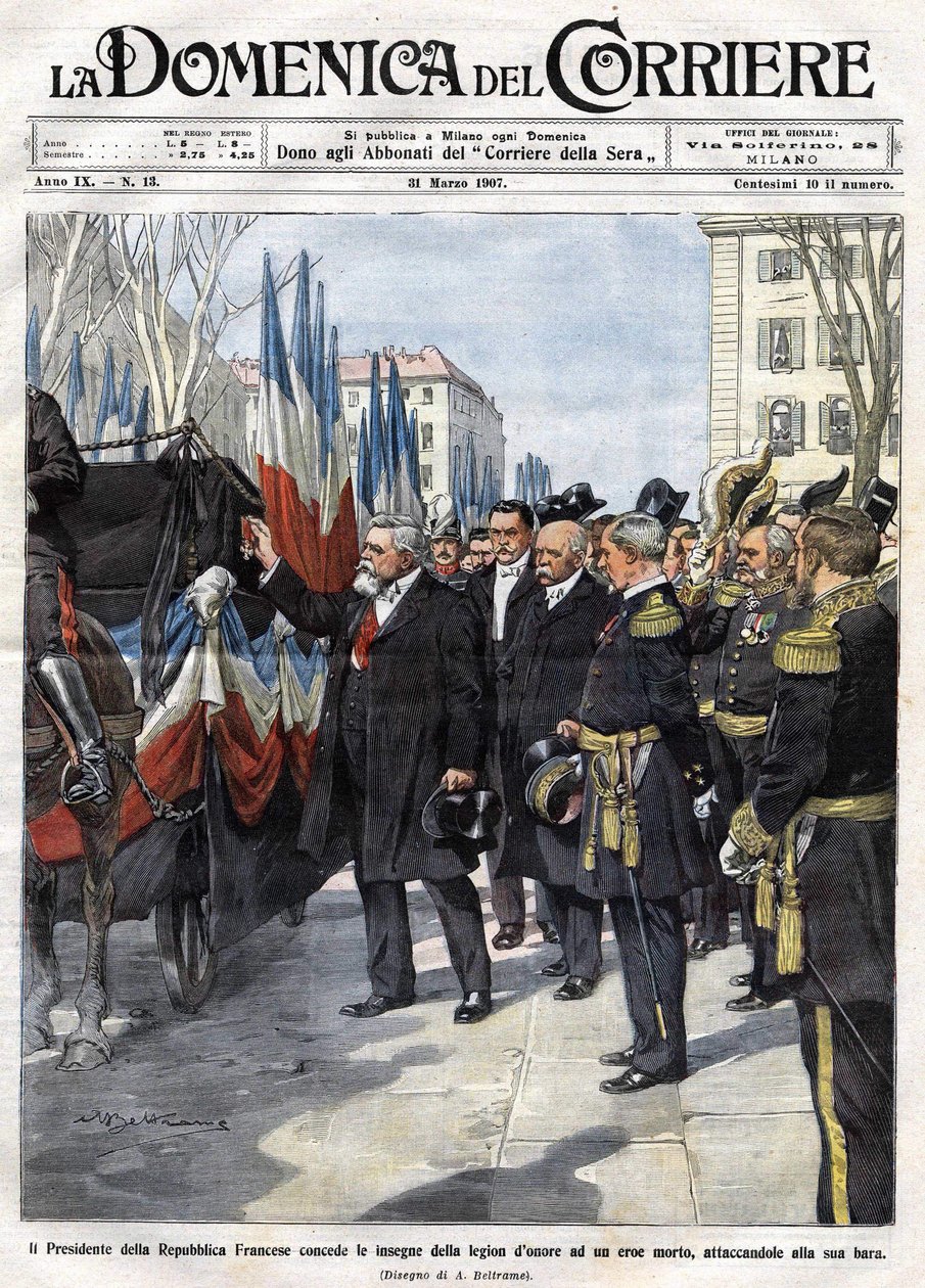 法国总统阿尔芒-法利埃（Armand Fallieres）（1841 - 1931）向一位在战斗中牺牲的英雄颁发荣誉军团勋章。Ill. de Beltrame.La Domenica del Corriere.31/03/1907. 作者 阿基里·贝尔特拉姆（Achille Beltrame）