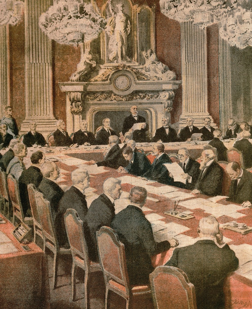 法国总统乔治·克莱蒙梭在巴黎和会上的讲话，由 Achille Beltrame 绘，插图，插画家 Achille Beltrame (1871-1945)，来自 La Domenica del Corriere 作者 阿基里·贝尔特拉姆（Achille Beltrame）