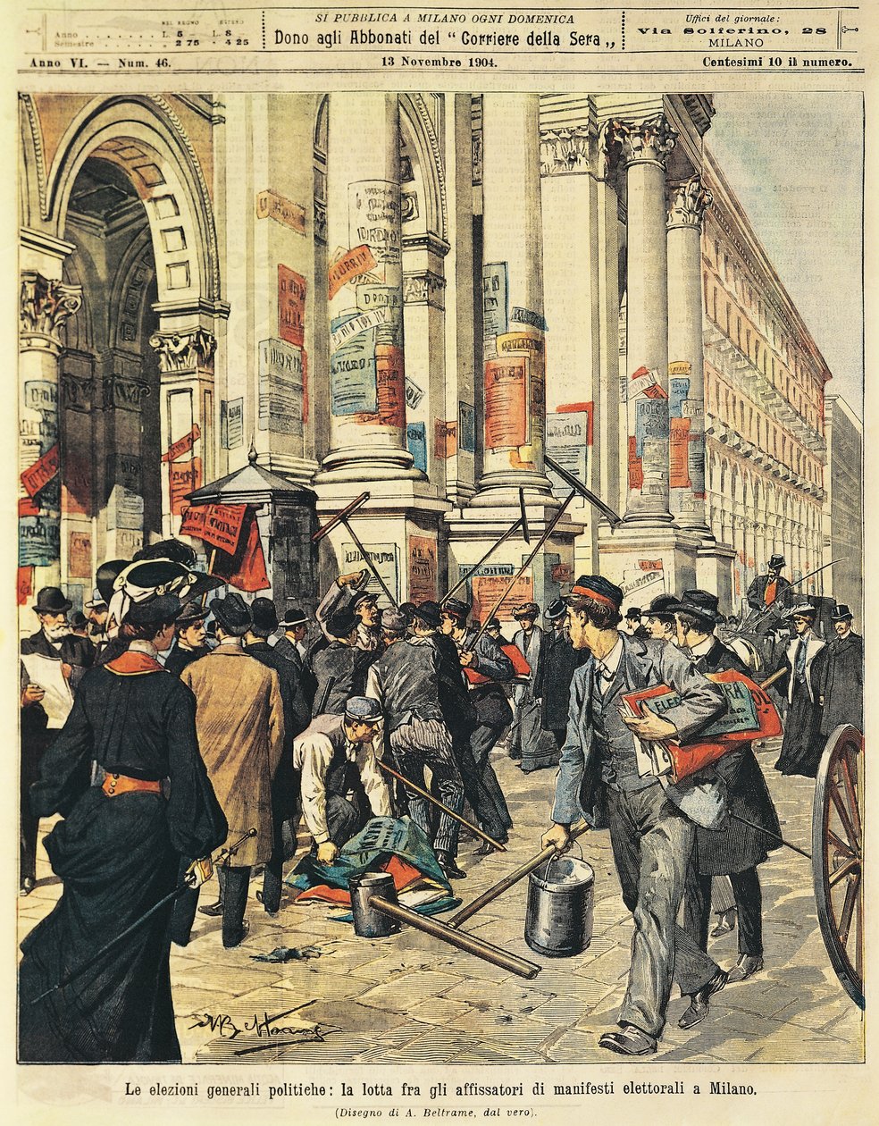 米兰的大选：在米兰悬挂政治海报的人之间的对抗，作者Achille Beltrame（1871-1945），来自La Domenica del Corriere。 作者 阿基里·贝尔特拉姆（Achille Beltrame）