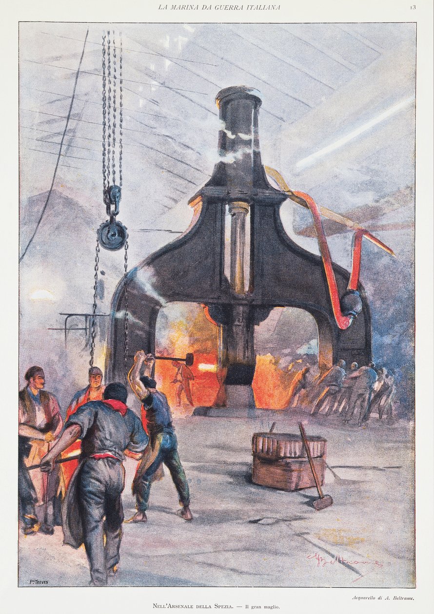拉斯佩齐亚军械库中的巨锤，Achille Beltrame 着，插图，插画家 Achille Beltrame (1871-1945)，来自 La Domenica del Corriere 作者 阿基里·贝尔特拉姆（Achille Beltrame）