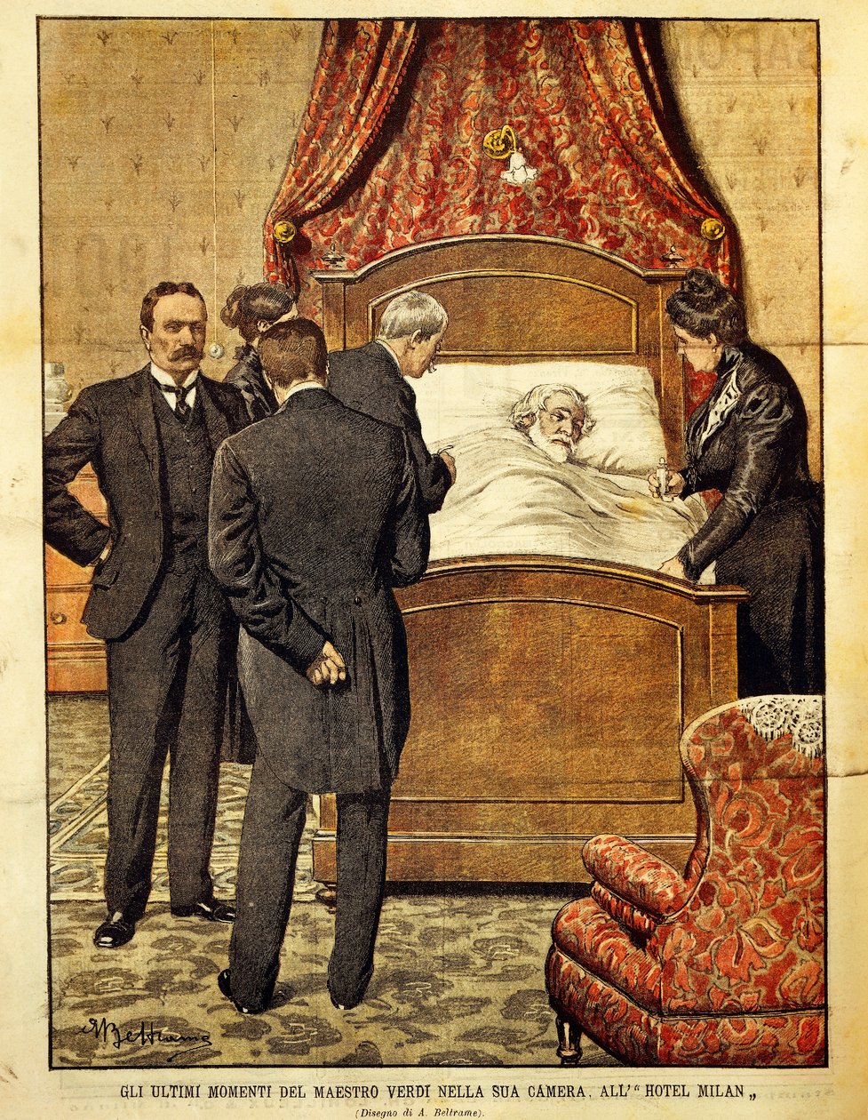 朱塞佩·威尔第 (1813-1901) 垂死，插图由 Achille Beltrame (1871-1945) 绘制。 意大利，20 世纪。 作者 阿基里·贝尔特拉姆（Achille Beltrame）