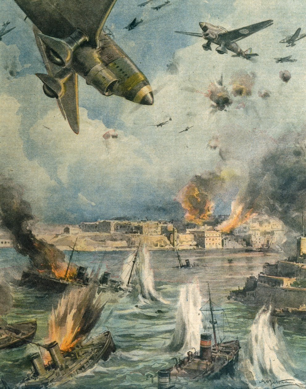 大轴心国对马耳他的空袭，作者：Achille Beltrame，插图，插画家 Achille Beltrame（1871-1945），来自 La Domenica del Corriere，1942 年 1 月 25 日 作者 阿基里·贝尔特拉姆（Achille Beltrame）