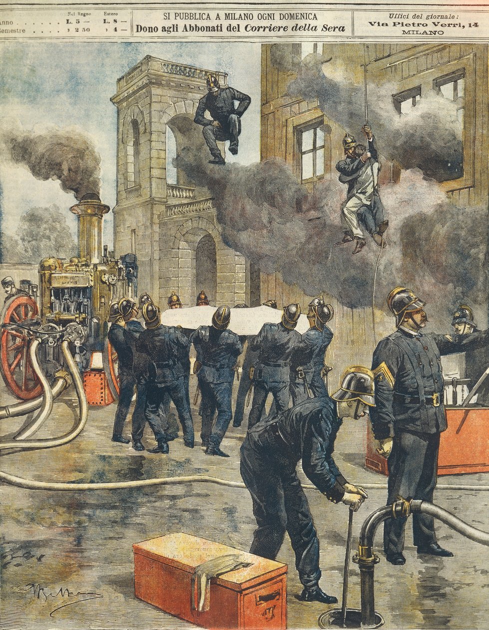 Achille Beltrame（1871-1945）在米兰竞技场举行的意大利消防员大会和示威，来自 La Domenica del Corriere，1899 年 9 月 24 日 作者 阿基里·贝尔特拉姆（Achille Beltrame）