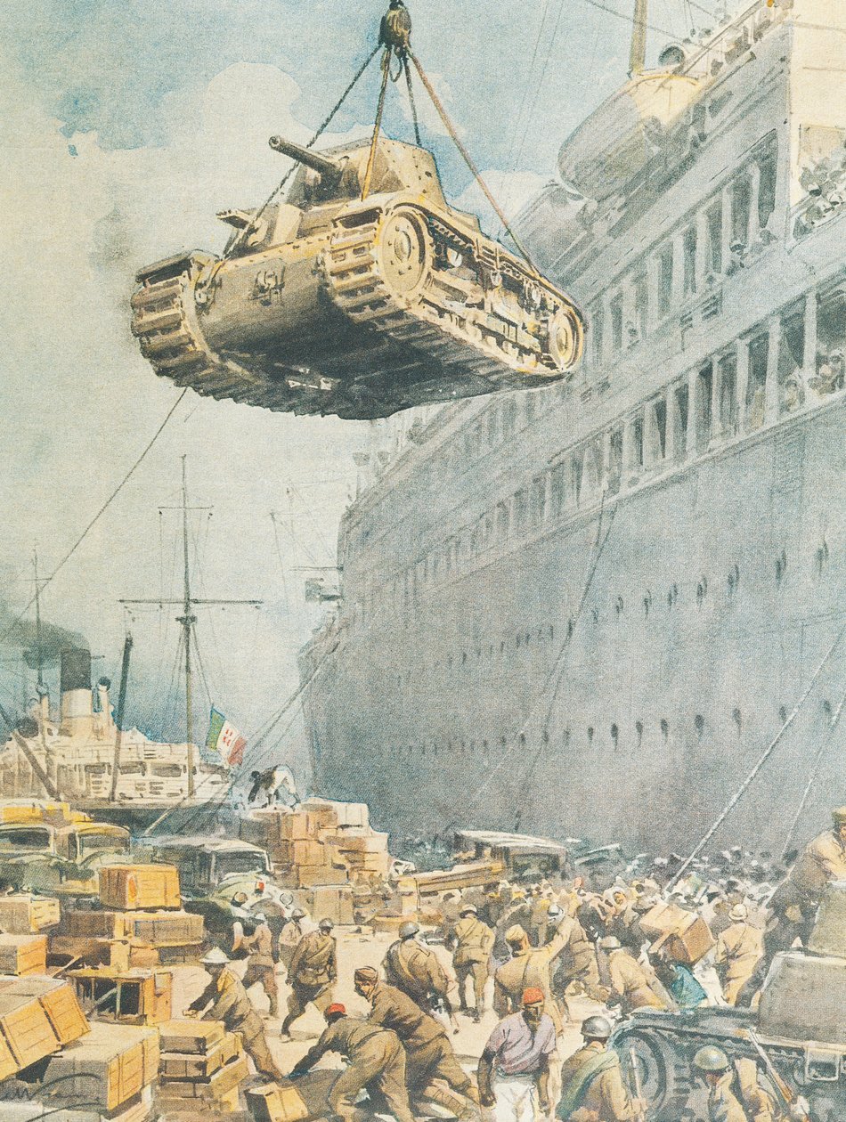 意大利车队抵达利比亚目的地，作者 Achille Beltrame，插图，插画家 Achille Beltrame（1871-1945），来自 La Domenica del Corriere 作者 阿基里·贝尔特拉姆（Achille Beltrame）
