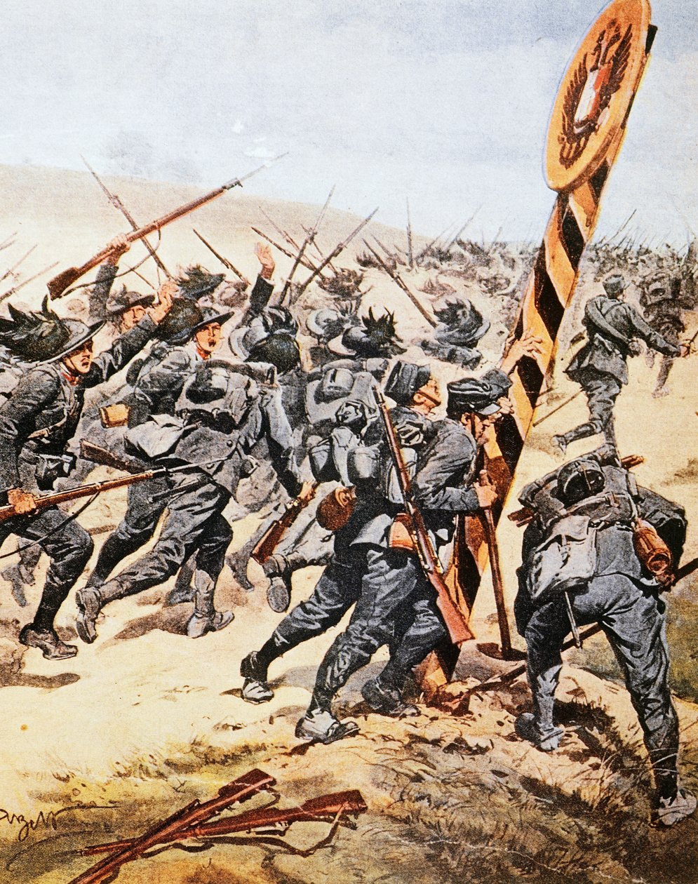 穿越奥地利边境的意大利士兵，Achille Beltrame（1871-1945），插图来自 La Domenica del Corriere，1915 年 6 月 作者 阿基里·贝尔特拉姆（Achille Beltrame）