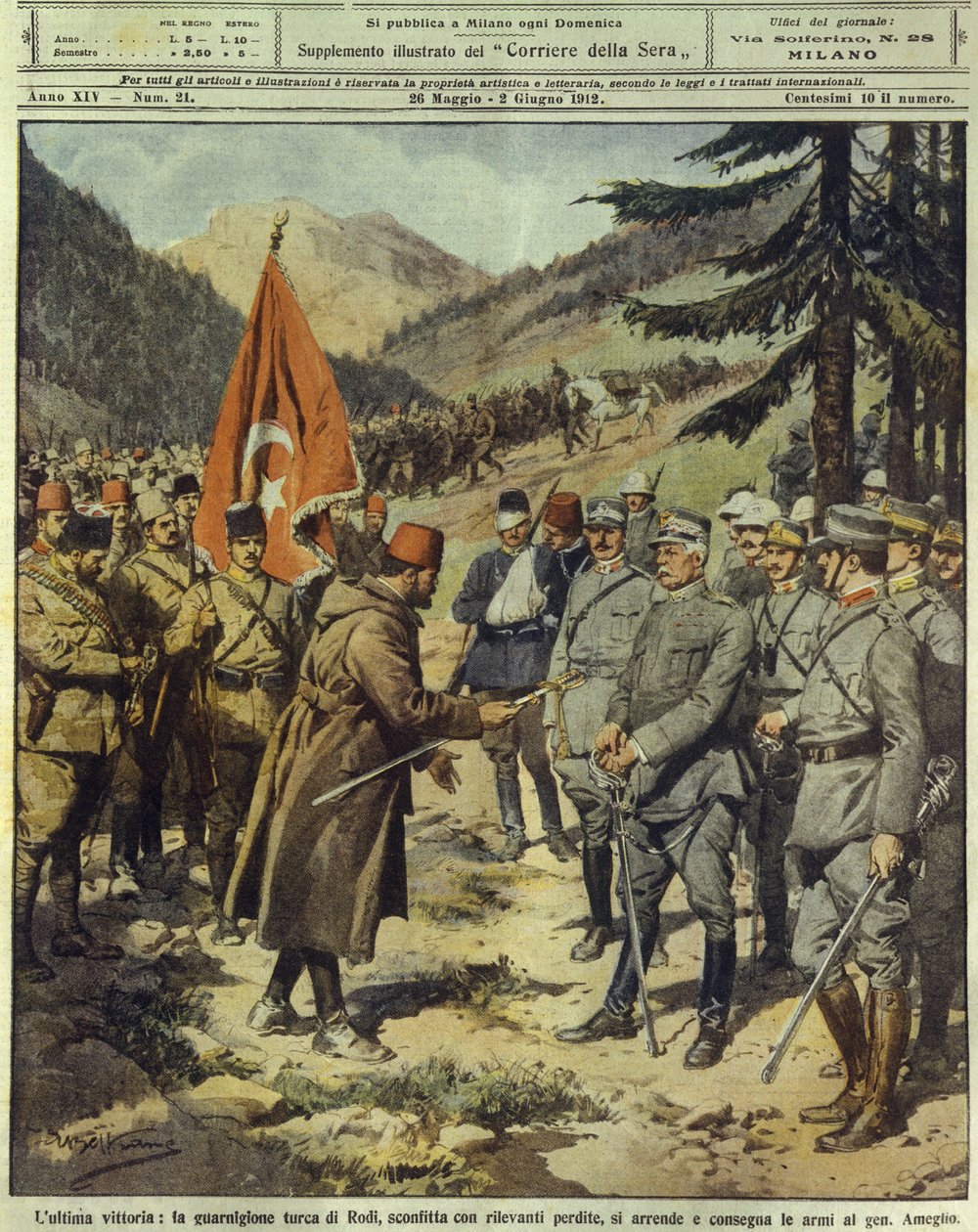 意大利-土耳其或利比亚战争（1911-1912），5月26日，土耳其军队在罗得岛向意大利将军阿梅利奥投降并交出武器 作者 阿基里·贝尔特拉姆（Achille Beltrame）
