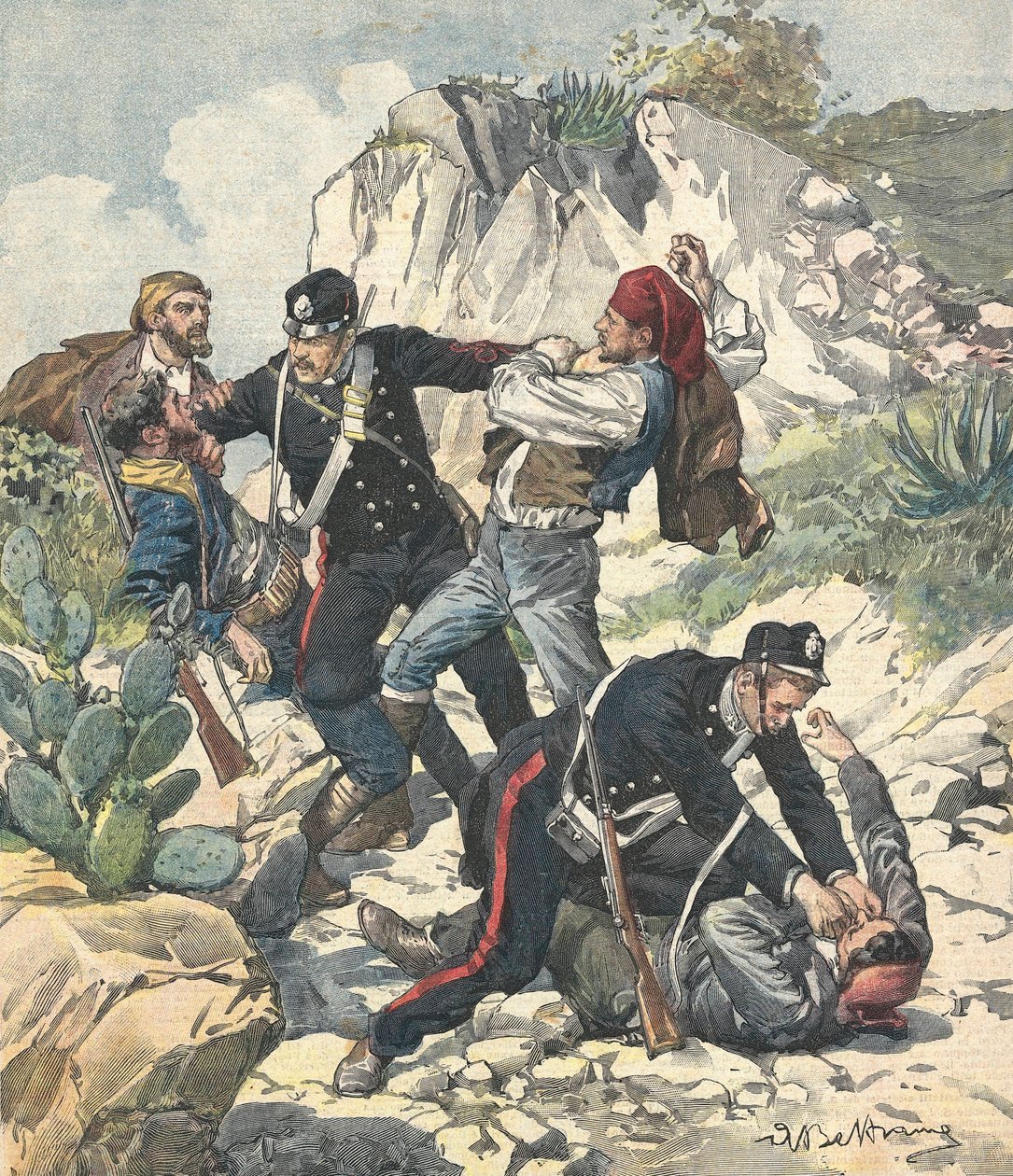 意大利（1902年）。宪兵队在特拉帕尼逮捕了一个土匪和他的团伙。来自 "Domenica del Corriere"（2月23日）的Achille Beltrame插图。 作者 阿基里·贝尔特拉姆（Achille Beltrame）