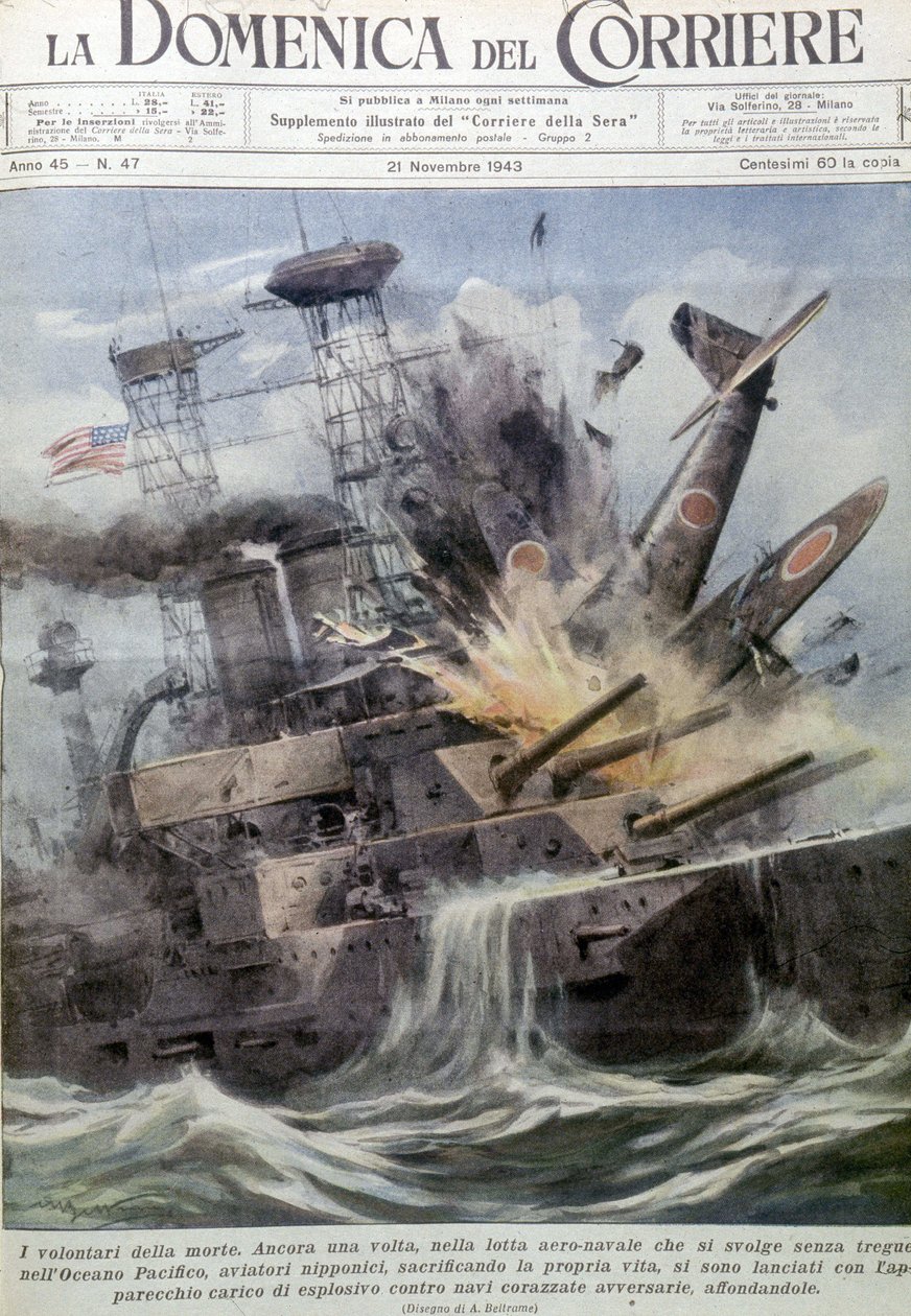 日本自杀炸弹手在敌舰上爆炸——1943 年 11 月 21 日，“La Domenica del Corriere”（石版画） 作者 阿基里·贝尔特拉姆（Achille Beltrame）