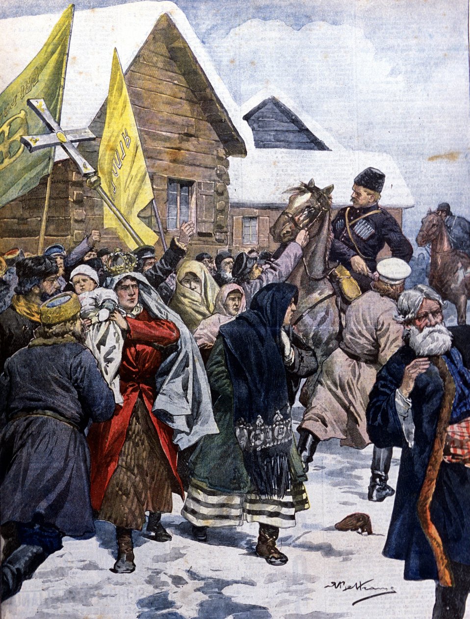俄罗斯的迷信：警察试图驱散新基督徒教派。插图：Beltrame。La Domenica del corriere.1901. 作者 阿基里·贝尔特拉姆（Achille Beltrame）