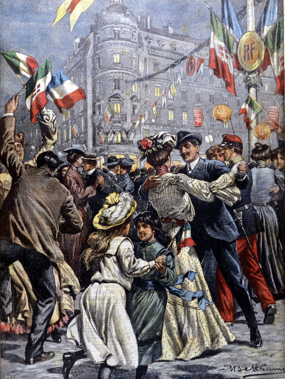 在巴黎的意大利君主们：街头的流行舞会。插图：Beltrame。La Domenica del corriere.1903. 作者 阿基里·贝尔特拉姆（Achille Beltrame）