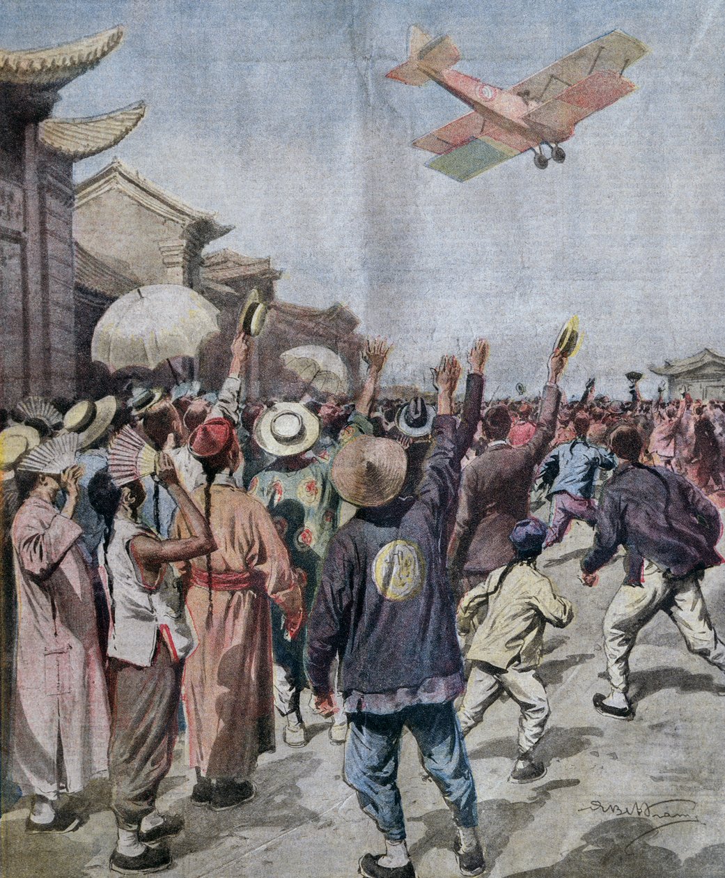 参加罗马-东京空袭的阿图罗-费拉林中尉抵达时出现在上海的天空中，阿奇尔-贝尔特拉梅的插图，摘自《科里尔日报》，5月16日 作者 阿基里·贝尔特拉姆（Achille Beltrame）
