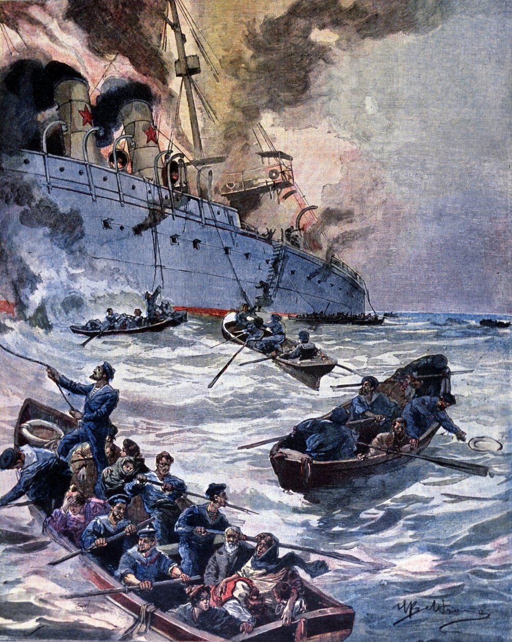 阿利坎特的维托利亚号汽船发生火灾。插图：Beltrame。La Domenica del corriere.1899. 作者 阿基里·贝尔特拉姆（Achille Beltrame）