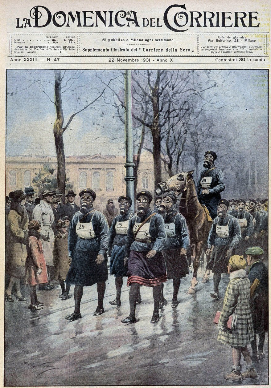 在华沙组织的锻炼民众使用防毒面具的游行--由A.Beltrame绘制，载于1931年11月22日的《la Domenica del Corriere》。 作者 阿基里·贝尔特拉姆（Achille Beltrame）