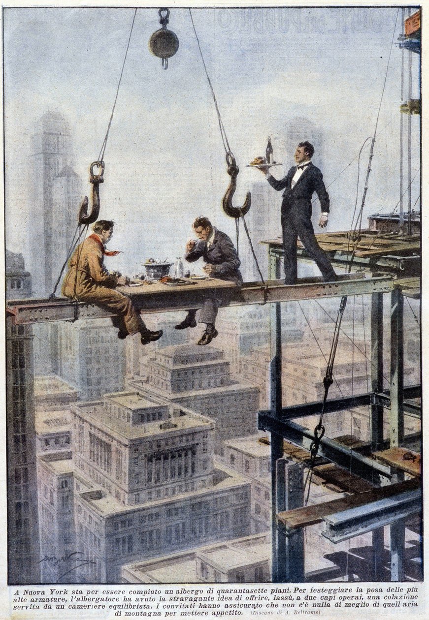 两个工头在纽约的摩天大楼框架上的平衡餐--A. Beltrame的画作，载于 "La Domenica del Corriere"。 作者 阿基里·贝尔特拉姆（Achille Beltrame）