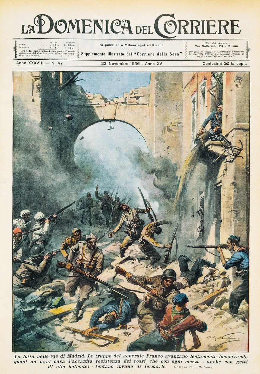 西班牙内战期间马德里街头的混战，Achille Beltrame（1871-1945），来自La Domenica del Corriere，11月22日 作者 阿基里·贝尔特拉姆（Achille Beltrame）