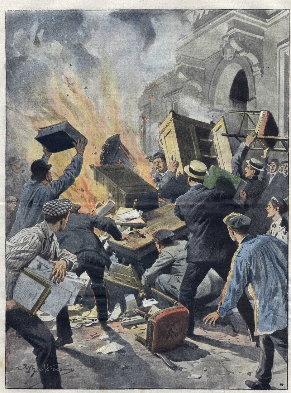 1907年的米迪葡萄酒危机：酿酒师在贝济耶（Herault）的市政厅放火。1907年Achille Beltrame的插图。 作者 阿基里·贝尔特拉姆（Achille Beltrame）