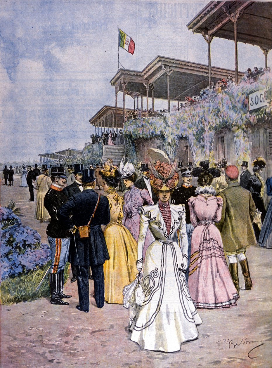 米兰：在圣西罗赛马场举行的赛马会：颁发贸易奖。插图：Beltrame。La Domenica del corriere.1899. 作者 阿基里·贝尔特拉姆（Achille Beltrame）