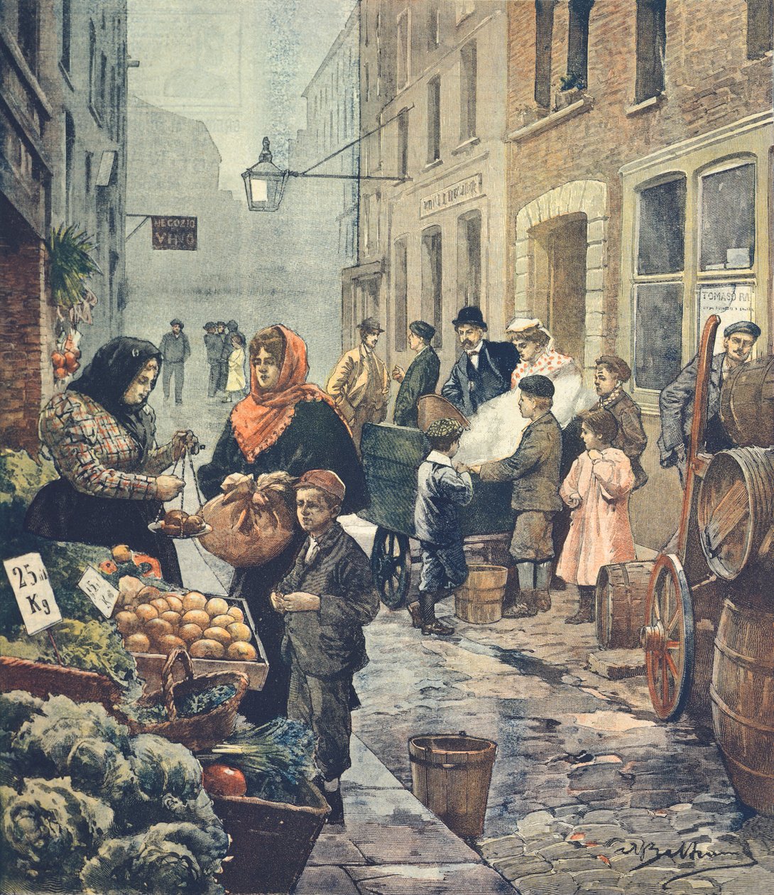 伦敦 Saffron Hill 意大利区最具特色的街道之一，作者 Achille Beltrame（1871-1945）来自 La Domenica del Corriere 作者 阿基里·贝尔特拉姆（Achille Beltrame）