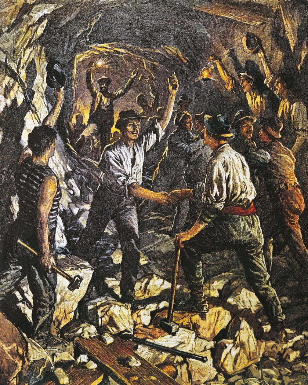 Opening of first stretch of Simplon Rail Tunnel between Arona and Meina, by Achille Beltrame (1871-1945), from La Domenica del Corriere, 25th October 1903 作者 阿基里·贝尔特拉姆（Achille Beltrame）