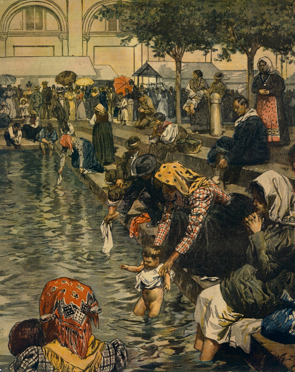 卡拉瓦乔朝圣：沐浴在神奇的水中，作者 Achille Beltrame（1871-1945），来自 La Domenica del Corriere 作者 阿基里·贝尔特拉姆（Achille Beltrame）