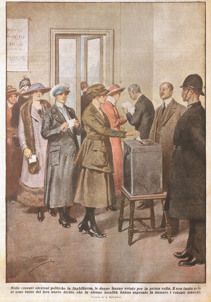 英格兰的政治选举：女性第一次投票，作者 Achille Beltrame（1871-1945），来自 La Domenica del Corriere，20 世纪 作者 阿基里·贝尔特拉姆（Achille Beltrame）