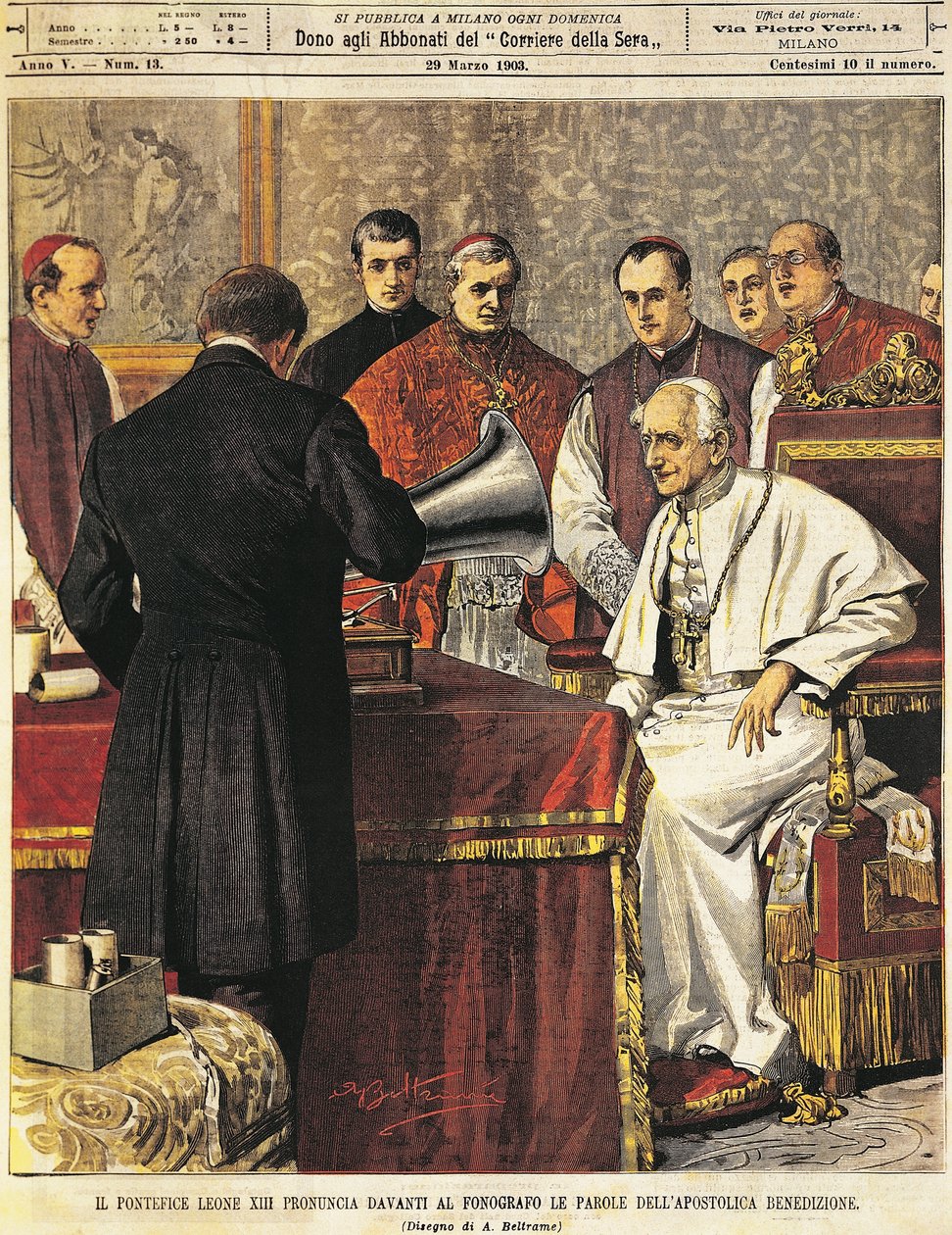 1903 年 3 月 29 日，教皇利昂内十三世将 Achille Beltrame（1871-1945）的《祝福》读成留声机，来自 La Domenica del Corriere 作者 阿基里·贝尔特拉姆（Achille Beltrame）