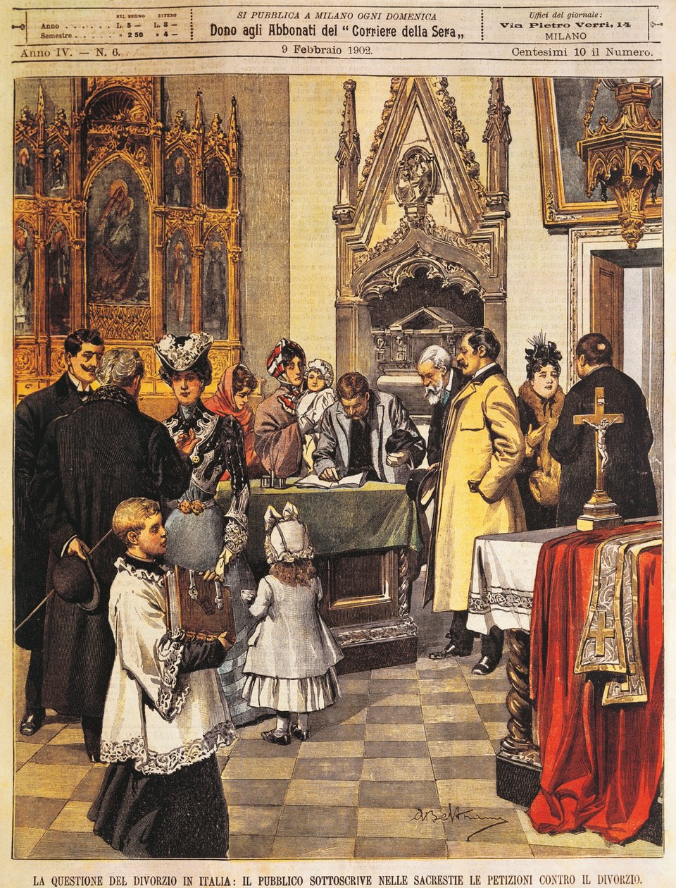 反对在圣器收藏中离婚的公共签名请愿书，作者：Achille Beltrame，插图，插画家 Achille Beltrame（1871-1945），来自 La Domenica del Corriere，1902 年 2 月 9 日 作者 阿基里·贝尔特拉姆（Achille Beltrame）