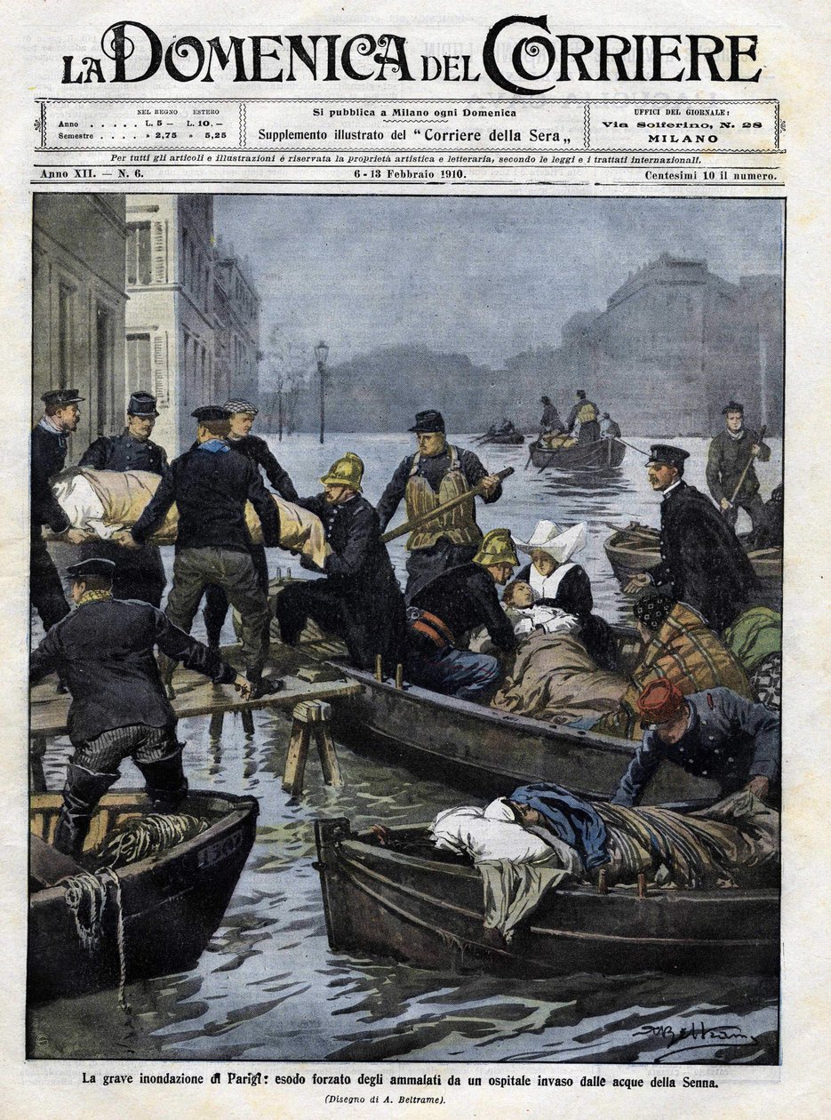 1910年2月洪水期间在巴黎对病人的救援。"Domenica del corriere "的封面。1910年2月13日，Achille Beltrame的插图。 作者 阿基里·贝尔特拉姆（Achille Beltrame）