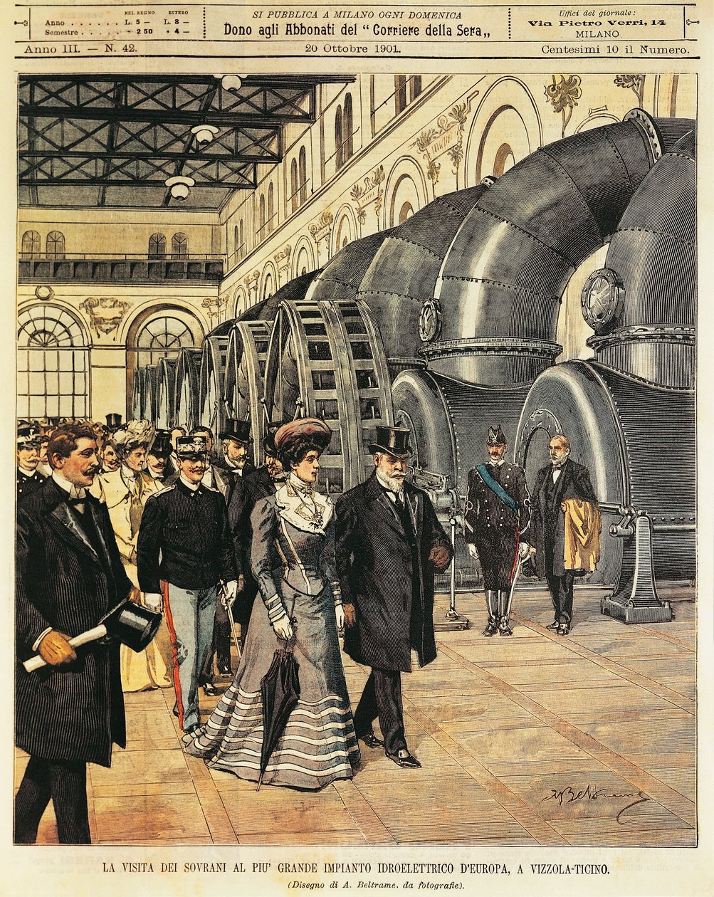 1901 年 10 月 20 日，来自 La Domenica del Corriere 的 Achille Beltrame（1871-1945）在 Vizzola Ticino（意大利）参观欧洲最大的水力发电站 作者 阿基里·贝尔特拉姆（Achille Beltrame）