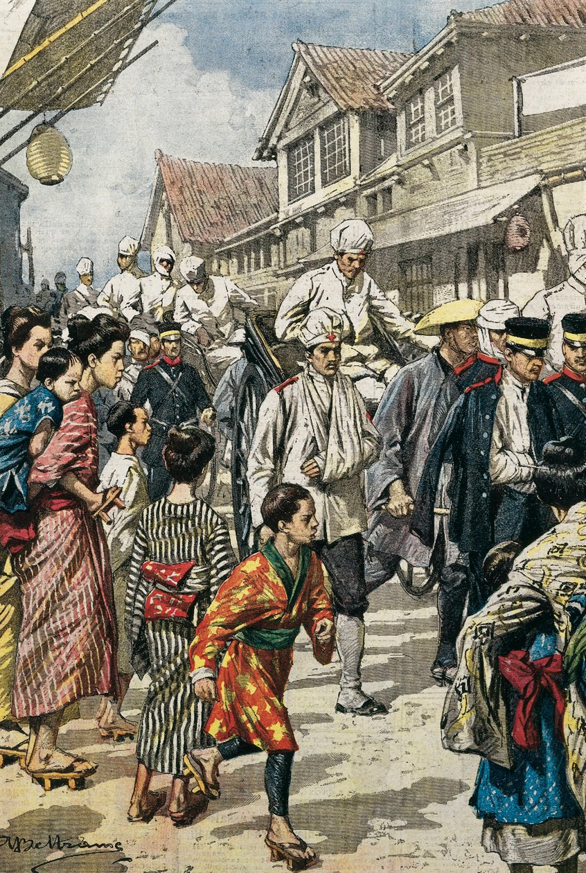 俄日战争（1904-1905）。抵达东京的雅鲁战役第一批伤员（1904年2月）。由Achille Beltrame为 "La Domenica del Corriere "绘制。蚀刻版画。 作者 阿基里·贝尔特拉姆（Achille Beltrame）