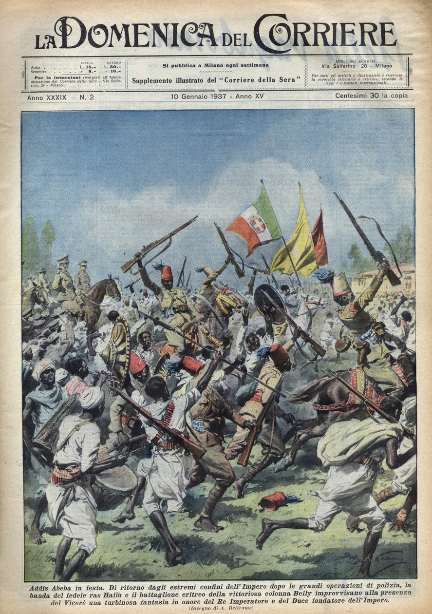 埃塞俄比亚亚的斯亚贝巴（Addis Ababa）的欢乐场景，拉斯-海卢从主要警察行动中返回。纪念领袖（贝尼托-墨索里尼）和埃塞俄比亚国王的隘口。1937年1月10日 "La domenica del corriere "中Achille Beltrame的插图。 作者 阿基里·贝尔特拉姆（Achille Beltrame）
