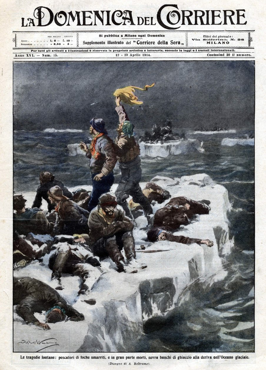 海豹渔民，其中一些人死亡，仍然被困在海洋漂流的冰面上。Ill. de Beltrame."La Domenica del corriere"。12-19/04/1914. 作者 阿基里·贝尔特拉姆（Achille Beltrame）