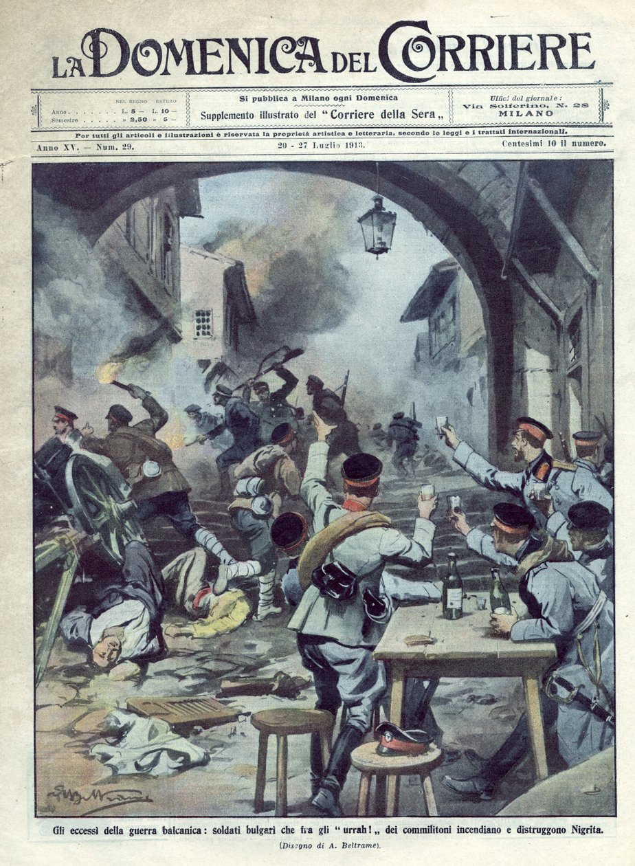 保加利亚与希腊和土耳其之间的第二次巴尔干战争（1913年）。保加利亚士兵在希腊放火并摧毁尼格里塔。La Domenica del Corriere.07/1913.贝尔特拉姆的插图。 作者 阿基里·贝尔特拉姆（Achille Beltrame）