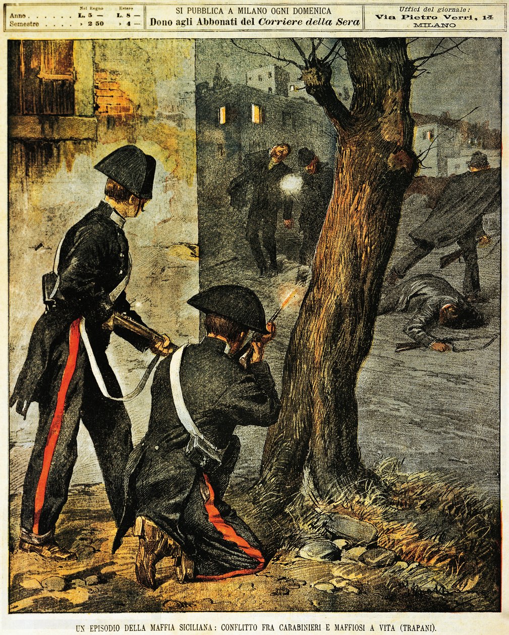 Sicilian mafia event, Fighting between carabinieri and mafia gangsters in Trapani, by Achille Beltrame, illustration, Illustrator Achille Beltrame (1871-1945), from La Domenica del Corriere, 31st December 1899 作者 阿基里·贝尔特拉姆（Achille Beltrame）