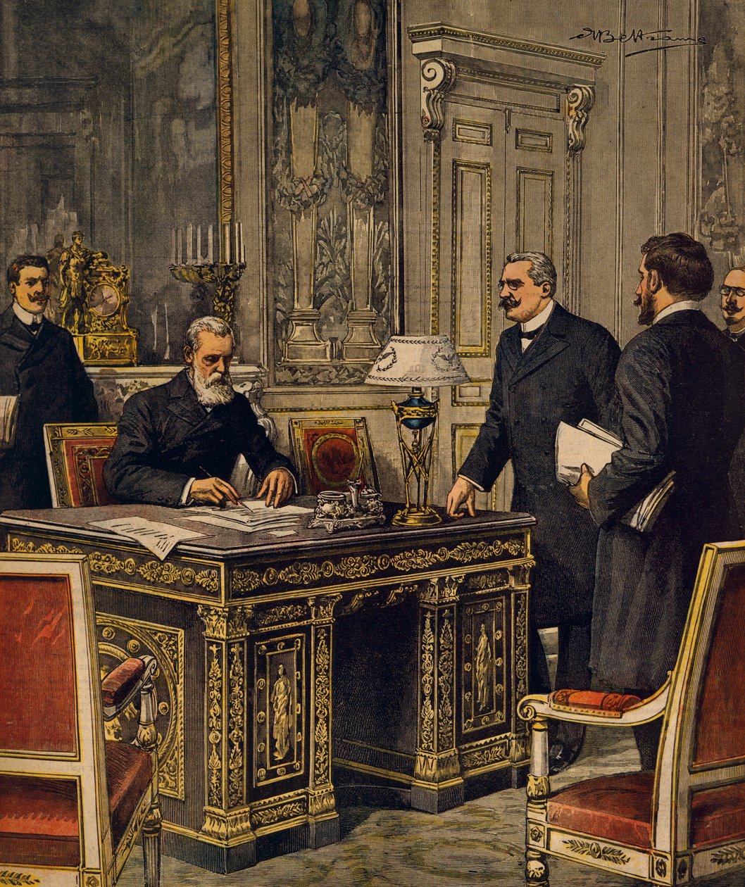 《在巴黎签署法意仲裁公约》，作者：Achille Beltrame，插图，插画家 Achille Beltrame (1871-1945)，来自 La Domenica del Corriere 作者 阿基里·贝尔特拉姆（Achille Beltrame）