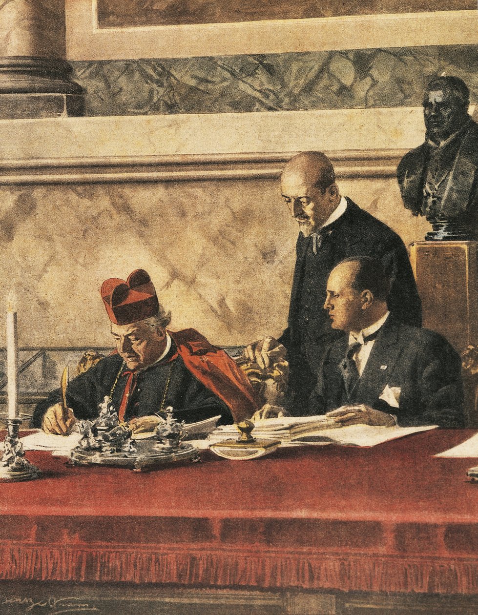 红衣主教 P. Gasparri 和 B. Mussolini 签署拉特兰条约 作者 阿基里·贝尔特拉姆（Achille Beltrame）