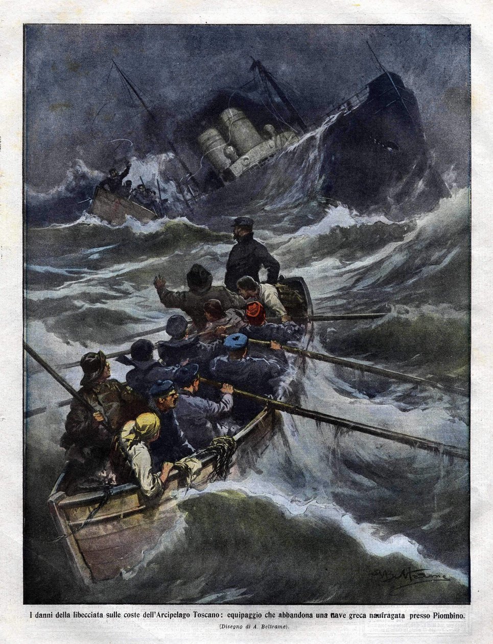 1910年意大利船只在托斯卡纳附近沉没。插图：Achilles Beltrame 作者 阿基里·贝尔特拉姆（Achille Beltrame）