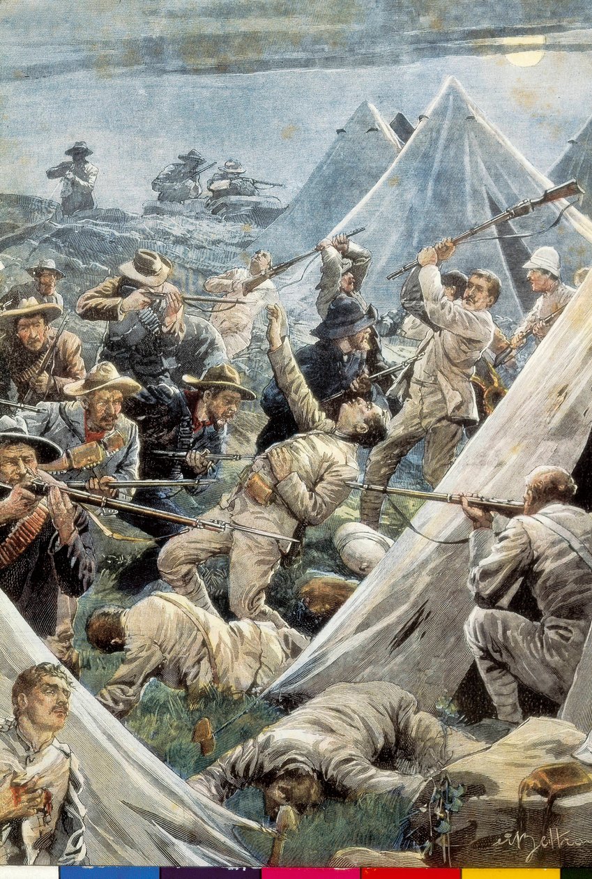 南非。第二次布尔战争。攻击英国的特威方丹营地（1902年）。插图：Achille Beltrame。雕刻。 作者 阿基里·贝尔特拉姆（Achille Beltrame）