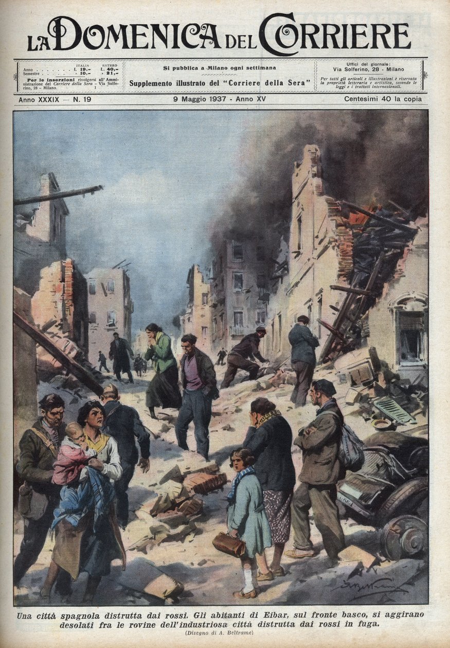 西班牙内战：巴斯克地区被红色破坏的埃瓦尔市的废墟景色。1937年5月9日《La domenica del Corriere》中Achille Beltrame的插图。 作者 阿基里·贝尔特拉姆（Achille Beltrame）