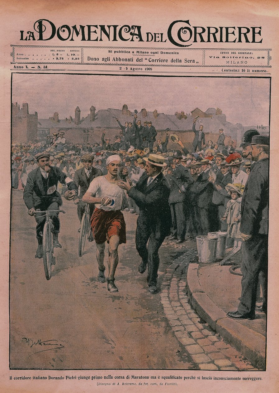 1908年奥运会，《La Domenica del Corriere》1908年的封面（彩色平版印刷）。 作者 阿基里·贝尔特拉姆（Achille Beltrame）