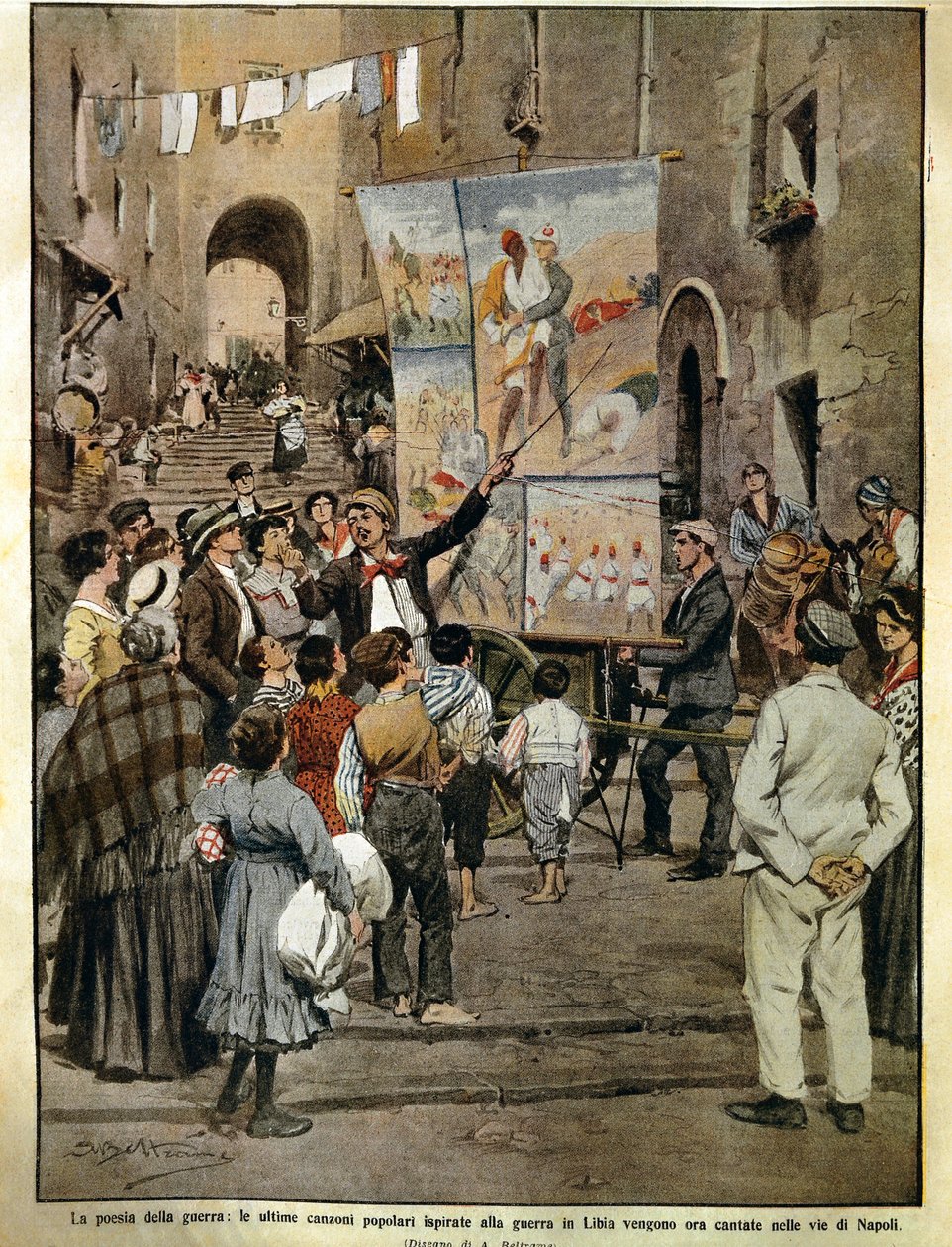 1910年12月8日的《Domenica del Corriere》（意大利周日报纸），民谣歌手在那不勒斯演唱的受利比亚战争启发的民歌，作者是Achille Beltrame，插图 作者 阿基里·贝尔特拉姆（Achille Beltrame）