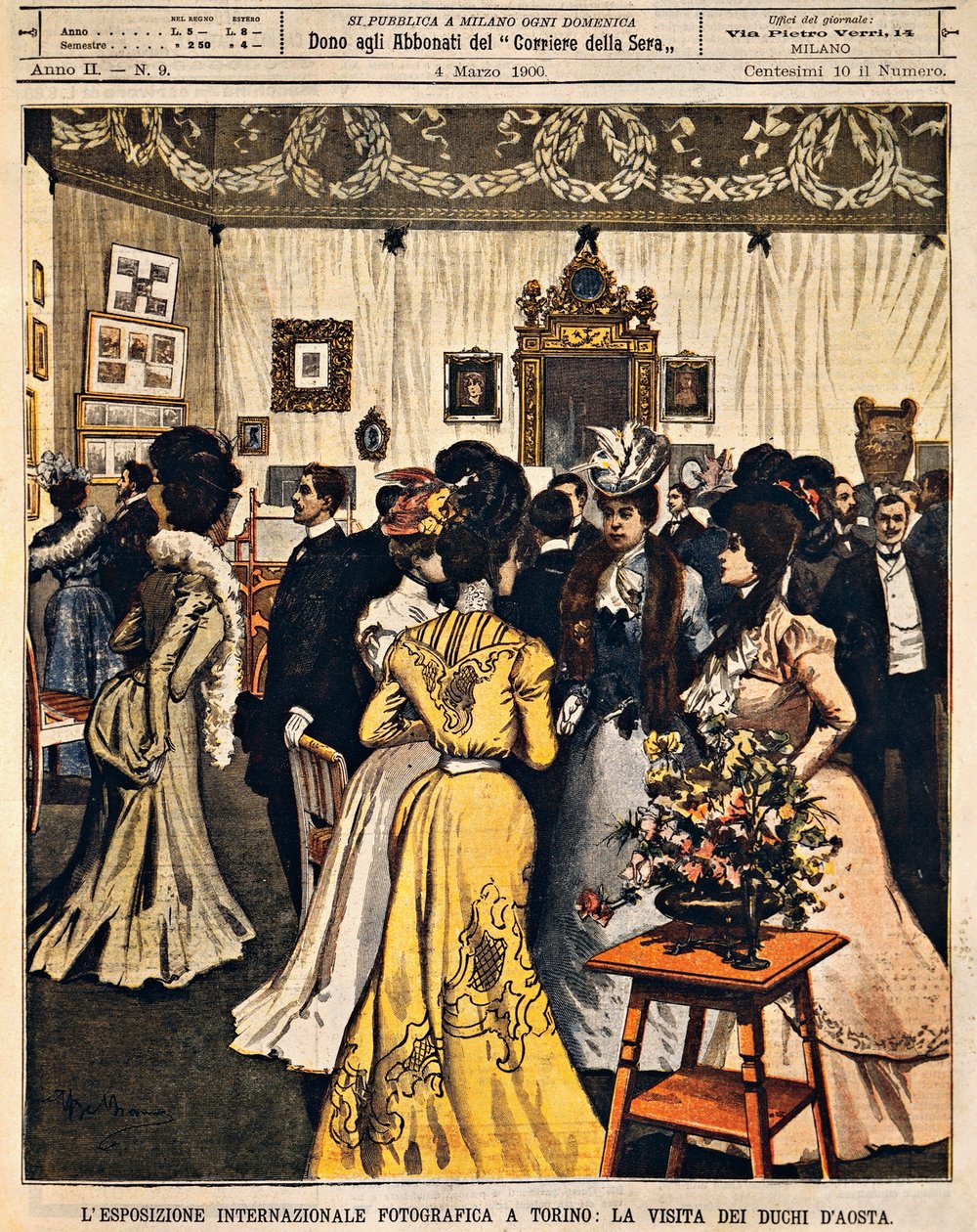 奥斯塔公爵参加都灵国际摄影展，Achille Beltrame (1871-1945)，来自 La Domenica del Corriere，1900 年 3 月 4 日 作者 阿基里·贝尔特拉姆（Achille Beltrame）